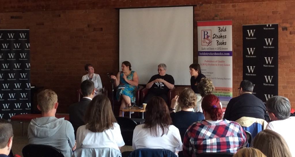 Bold Strokes Books authors at the LGBTQ+ Book Festival, Waterstones, Nottingham discussing conflict in sapphic fiction writing.